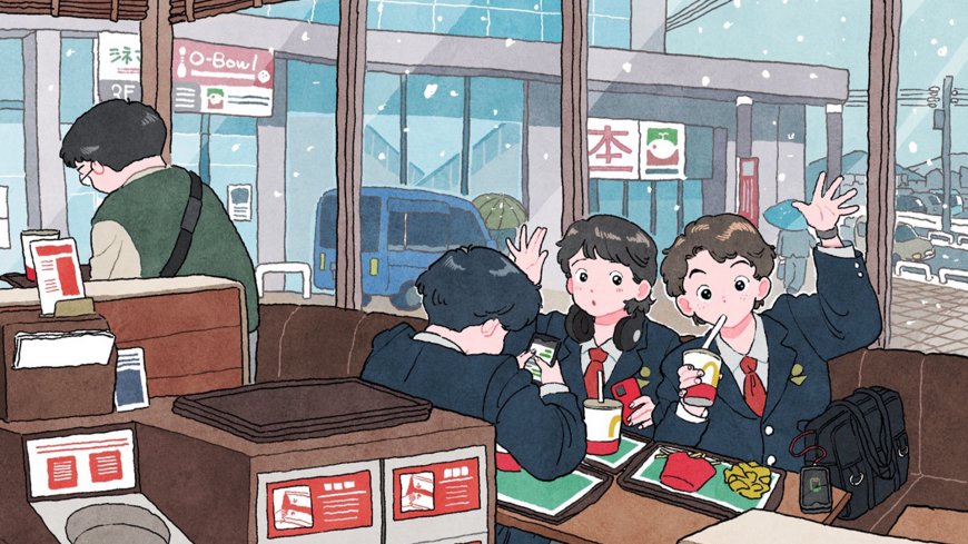 三位穿校服的少年在雪天咖啡馆用餐互动蓝灰暖调动漫电脑壁纸
