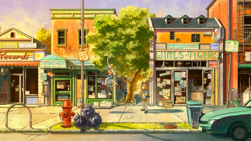 街角小店绿树少女跃枝暖金创意插画电脑壁纸