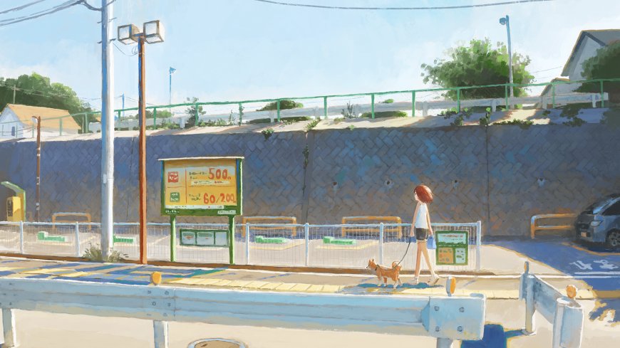 红发少女牵柴犬漫步街边蓝白清新插画电脑壁纸