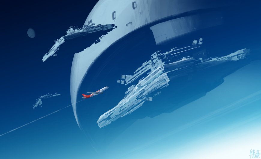 太空站巨型环形结构环绕地球蓝白渐变科幻电脑壁纸