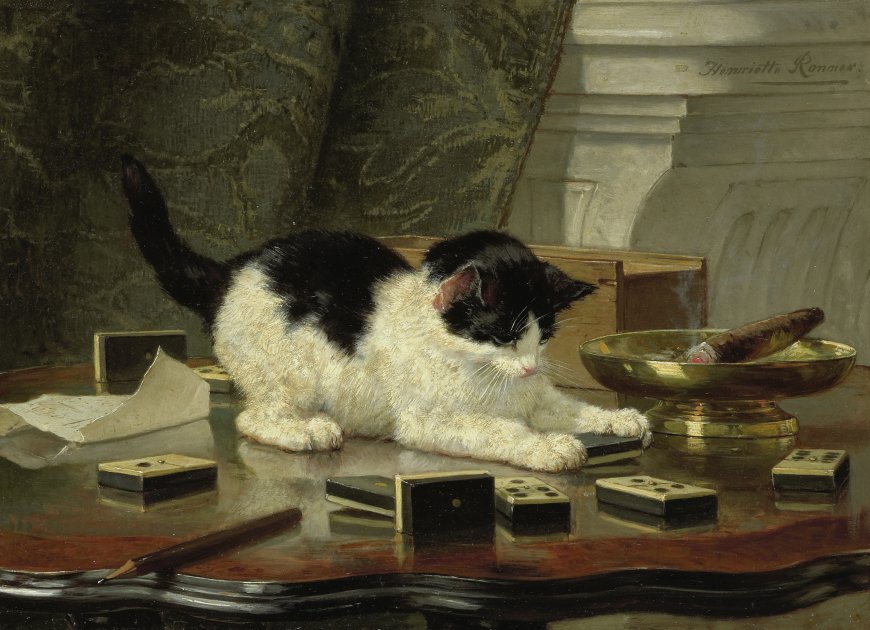 黑白相间小猫伏桌玩骨牌暗褐创意绘画油画电脑壁纸