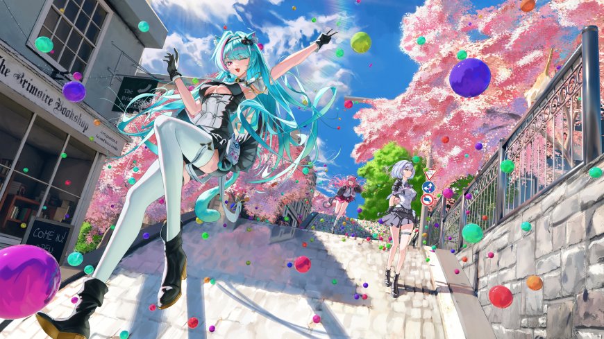 初音未来蓝发双马尾跃动樱花街道粉紫梦幻动漫电脑壁纸