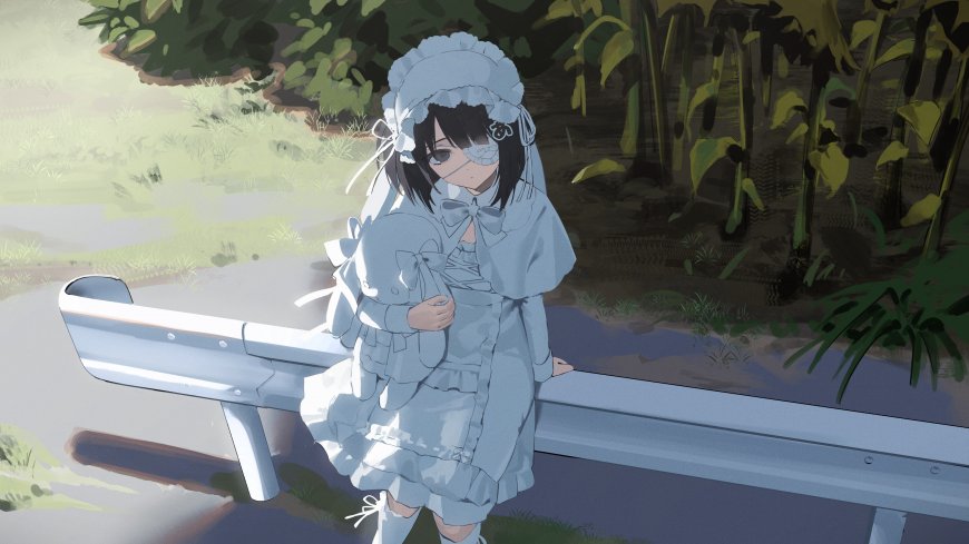 蓝裙眼罩少女抱玩偶倚护栏青灰动漫电脑壁纸
