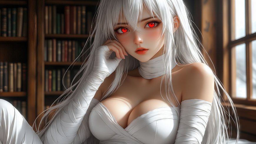 银发红瞳少女白裙缠绕手托腮柔光动漫电脑壁纸