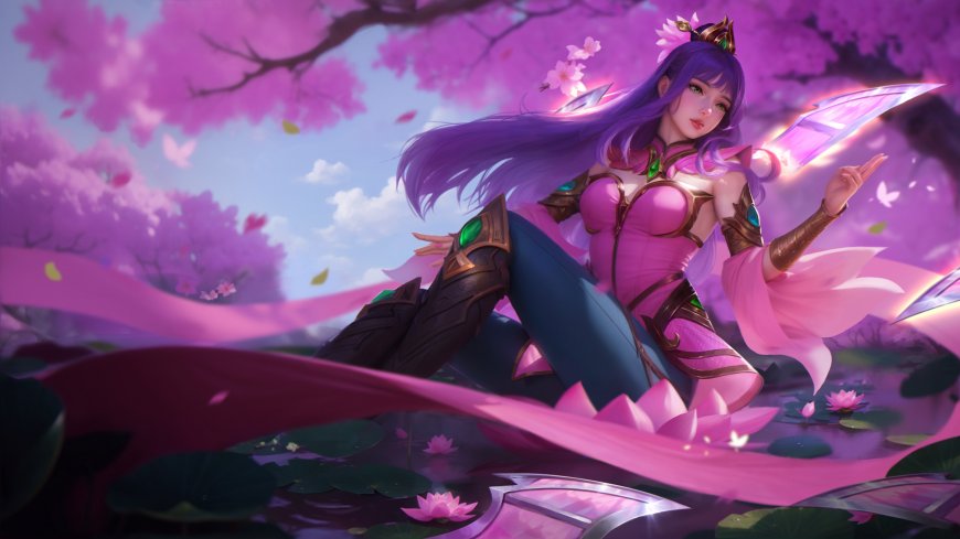 英雄联盟剑姬樱花祭皮肤紫发少女持刃坐莲粉紫动漫电脑壁纸