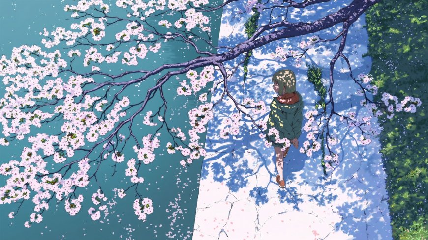 樱花树下绿衣少女仰望粉白花卉植物动漫电脑壁纸