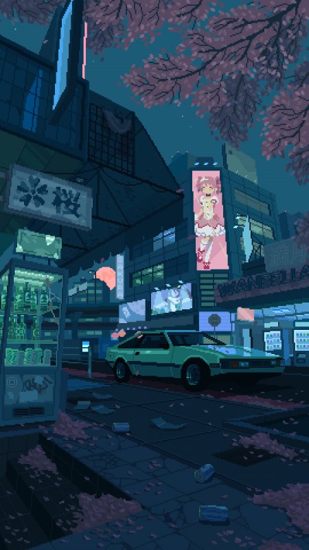 像素风夜景街道樱花飘落青绿色跑车霓虹广告牌蓝紫氛围城市插画手机壁纸