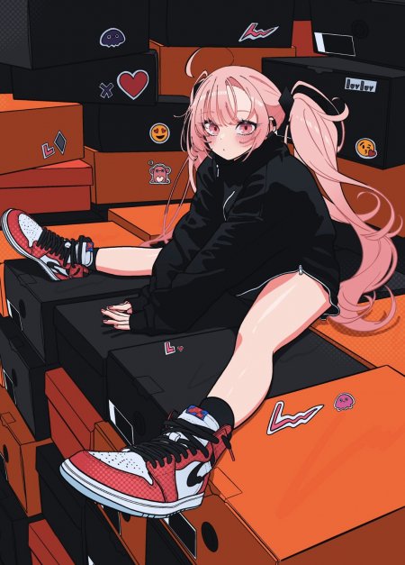 粉色双马尾少女坐鞋盒堆中红白球鞋黑衣动漫手机壁纸