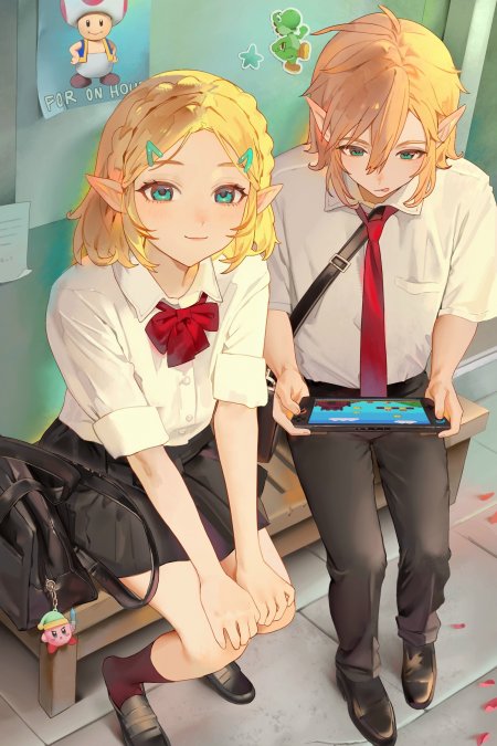 精灵少女与少年共玩掌机游戏蓝绿清新动漫手机壁纸