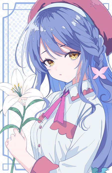 蓝发少女手持白百合粉紫动漫手机壁纸