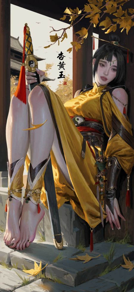 杏黄玉古风少女持剑倚门金红配色动漫手机壁纸