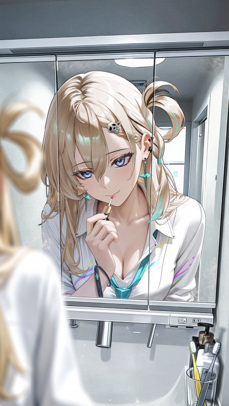 金发蓝眼少女镜前涂口红清新白绿动漫手机壁纸
