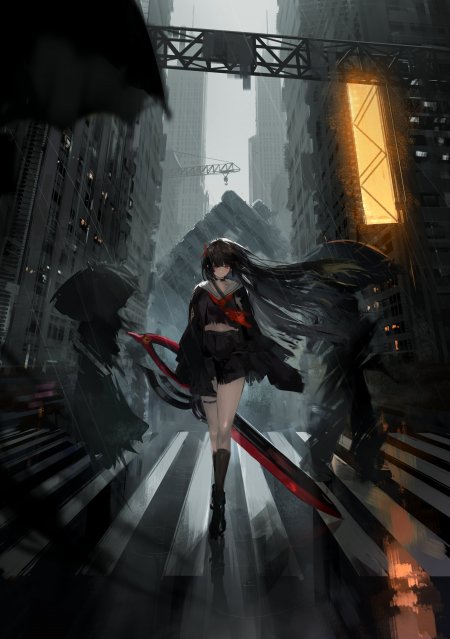 黑发红瞳少女持刃雨中穿行灰暗都市动漫手机壁纸