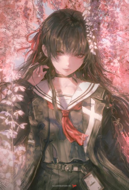 樱花树下黑发红瞳少女水手服校服粉紫动漫手机壁纸