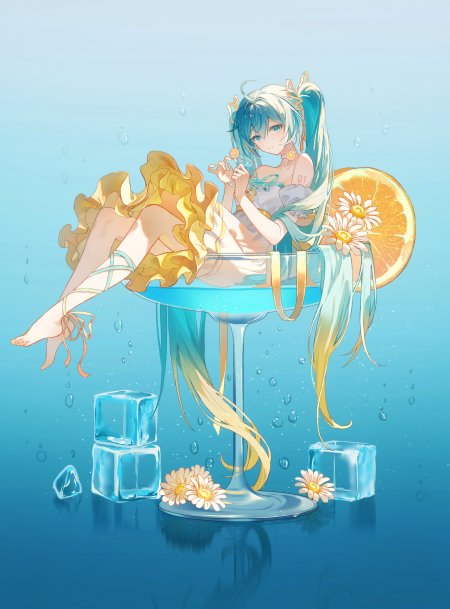 初音未来水下鸡尾酒杯少女蓝金渐变动漫手机壁纸
