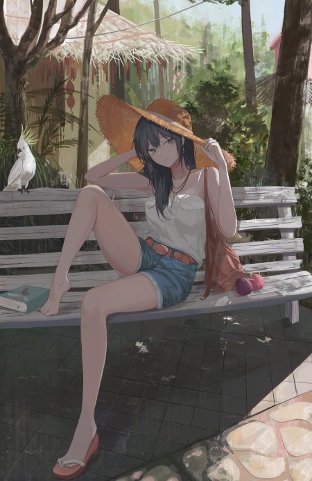 黑发蓝眼少女戴草帽坐长椅旁有白鹦鹉绿意盎然动漫手机壁纸