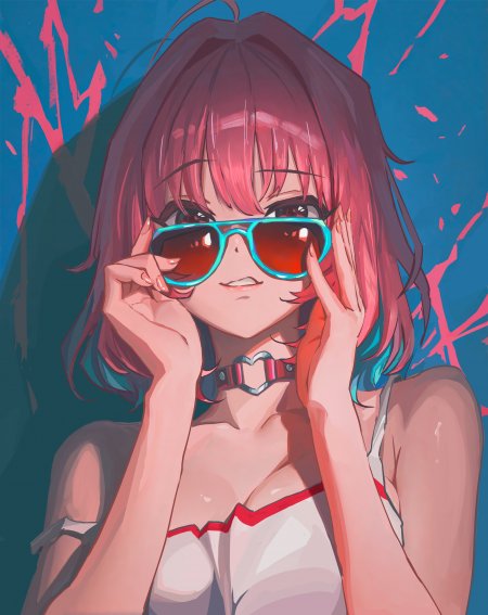 粉发少女戴蓝框墨镜红白服饰蓝粉背景动漫手机壁纸