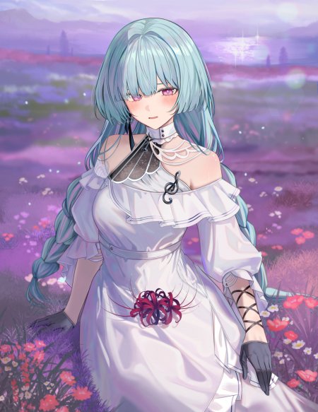 蓝发紫瞳少女白裙红花紫霞梦幻动漫手机壁纸