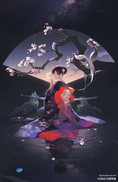 和风少女黑底樱花和服持杯静坐紫蓝星空背景动漫手机壁纸