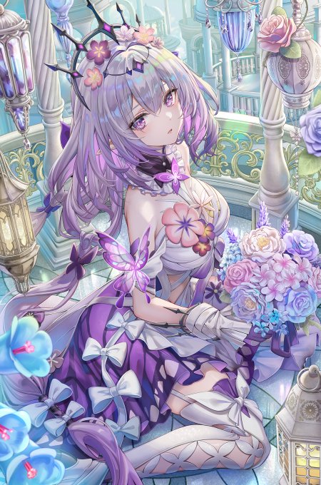 原神珊瑚宫心海紫发花冠少女手持花束蓝紫梦幻动漫手机壁纸