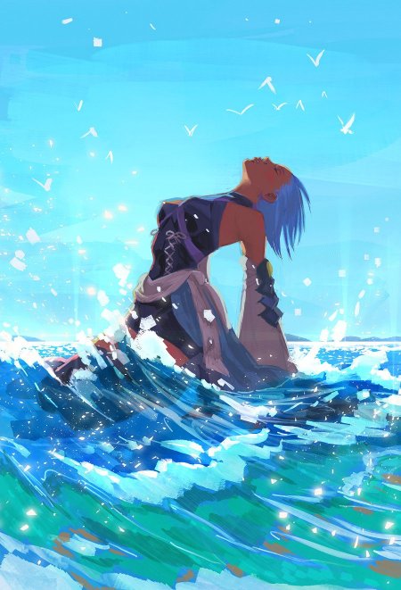 最终幻想系列蒂法蓝发仰望海浪飞鸟蓝绿动漫手机壁纸