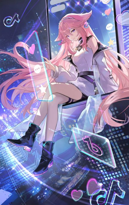 崩坏星穹铁道佩拉粉发少女坐姿互动霓虹紫蓝动漫手机壁纸
