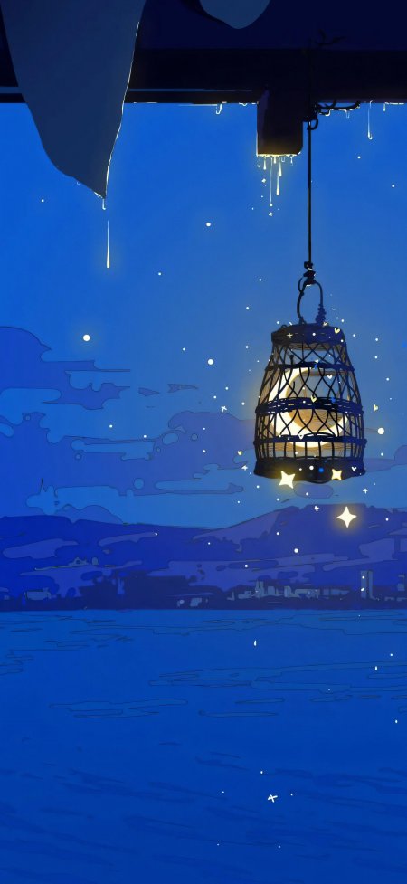 夜空下悬挂灯笼星光点点蓝紫梦幻风景插画手机壁纸