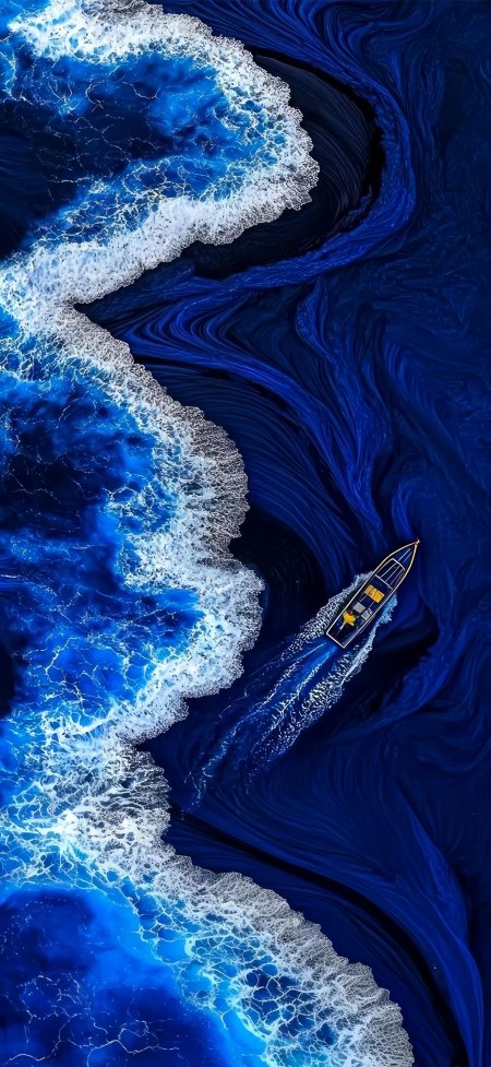 深蓝海浪白沫翻涌小船疾驰俯瞰视角蓝白风景手机壁纸