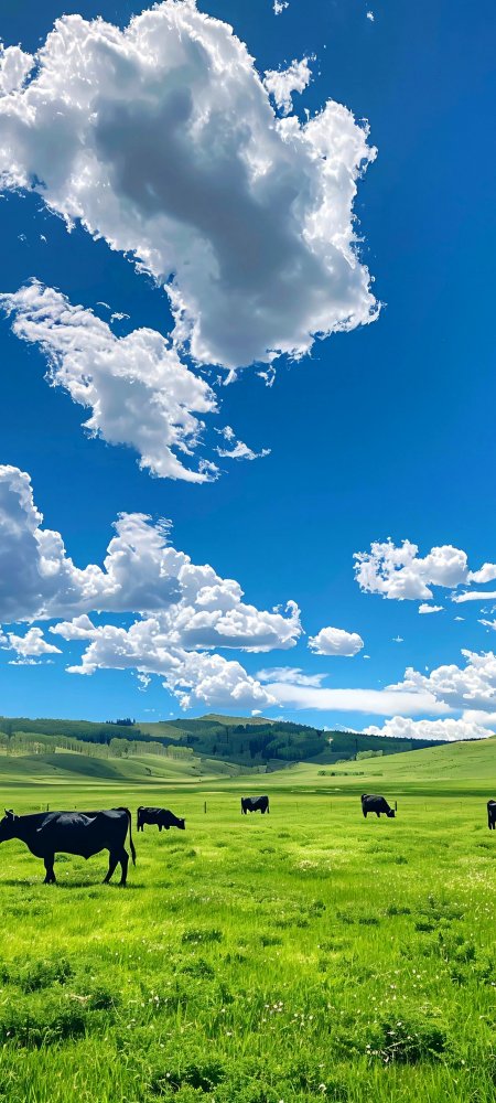 绿野草原黑牛悠然吃草蓝白天空白云朵朵风景手机壁纸