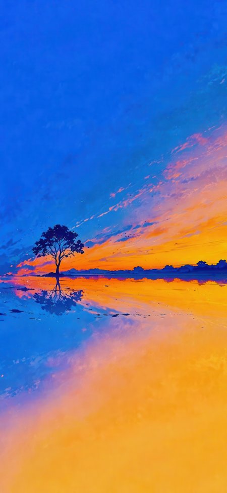 孤树倒影湖面蓝橙渐变唯美风景插画手机壁纸