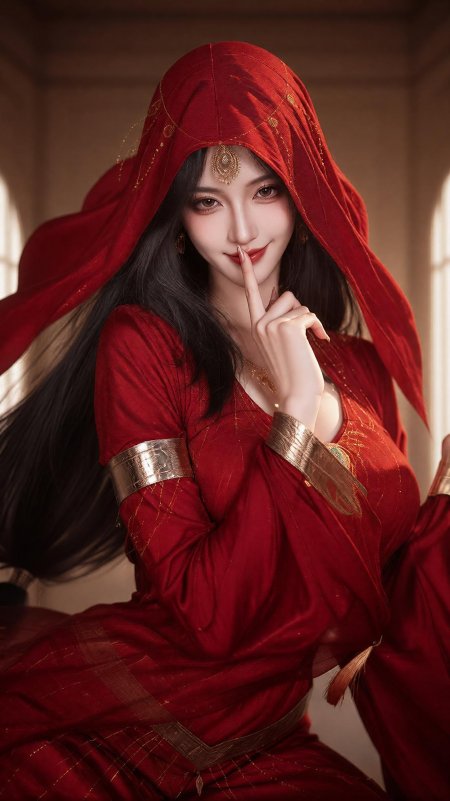 红衣蒙面少女指尖轻触唇畔金饰点缀暗红古风人物摄影手机壁纸