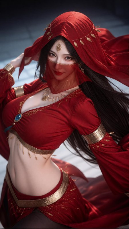 红纱蒙面异域风情少女金饰点缀暗红唯美动漫手机壁纸