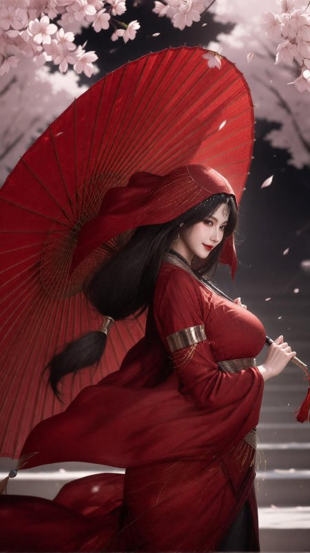 红衣古风少女持红伞樱花飘落暗粉唯美动漫手机壁纸
