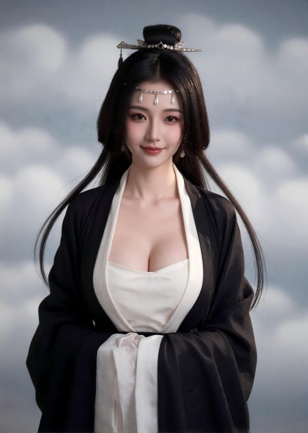 古风黑衣白衫少女高髻银饰云雾背景唯美人物摄影手机壁纸