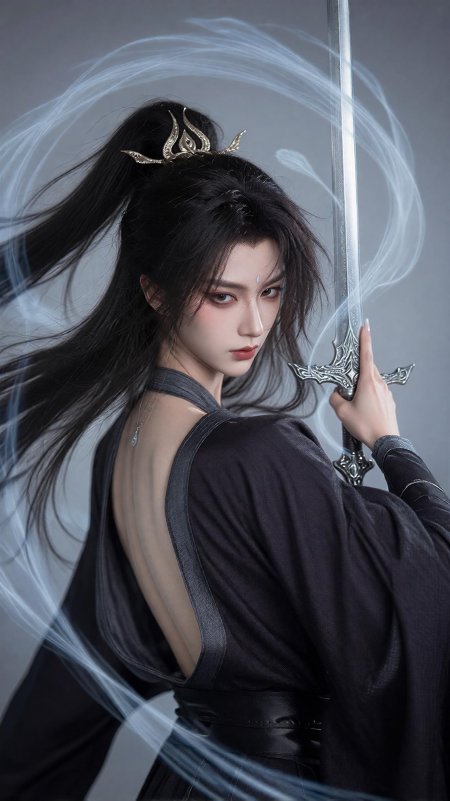 古风黑衣持剑少女银光环绕暗灰奇幻手机壁纸