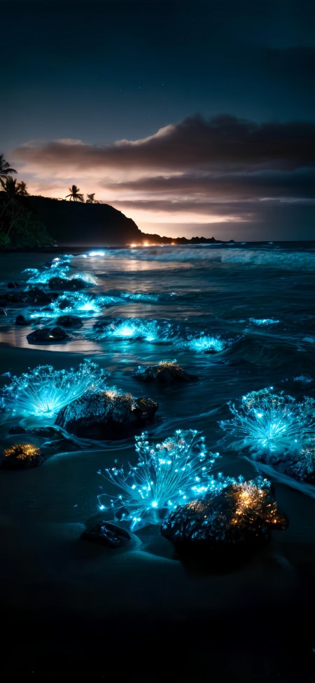 荧光海浪拍岸夜光珊瑚礁蓝紫梦幻风景手机壁纸