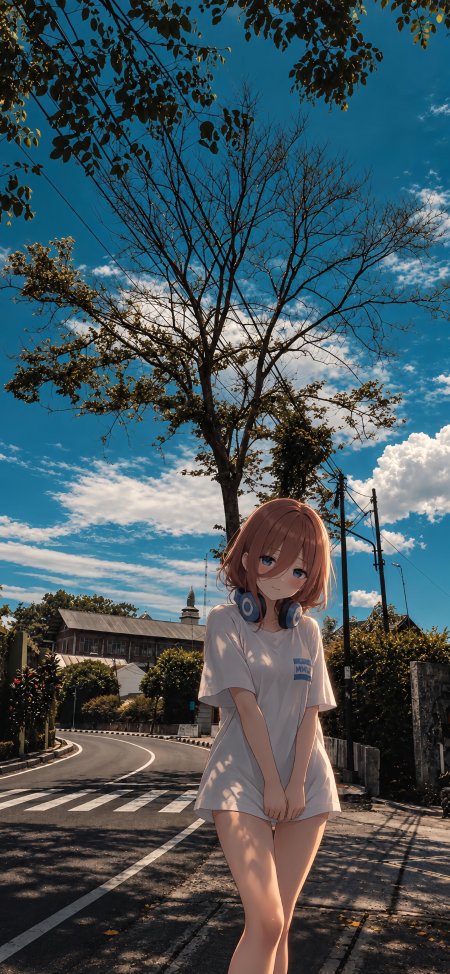 动漫少女棕发蓝眼戴耳机白T恤街景蓝天白云清新动漫手机壁纸