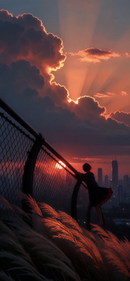 少女倚栏远眺城市夕阳橙红暖调情感文艺创意手机壁纸