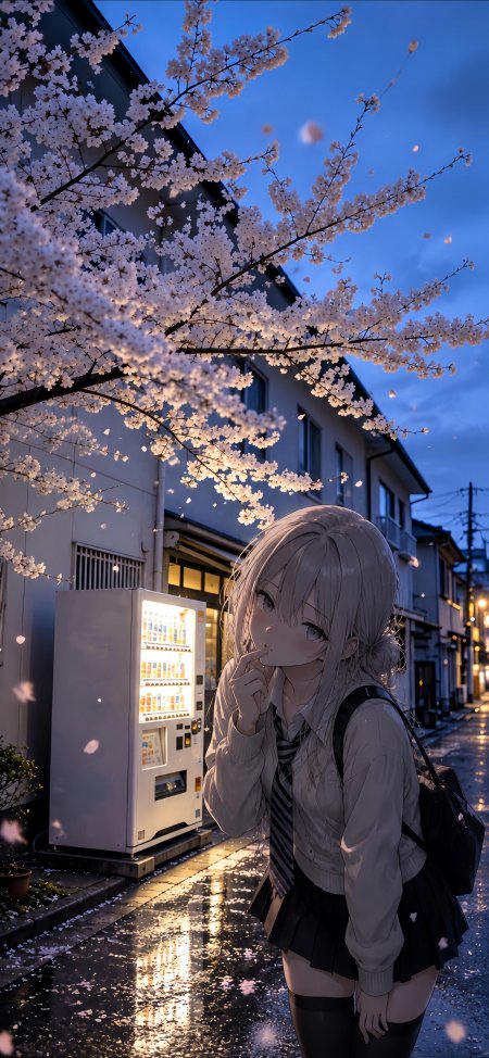 银发少女樱花夜街沉思蓝紫动漫手机壁纸