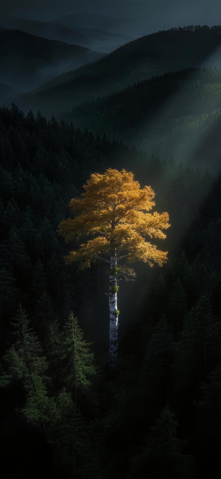 孤树金叶破雾而立深绿山林暗蓝风景手机壁纸