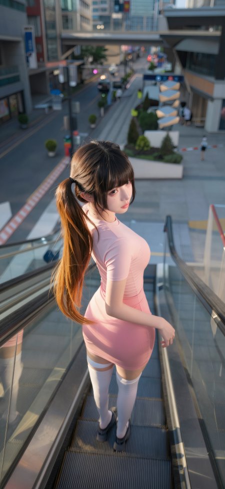 动漫少女粉裙高马尾城市天桥回眸暖金人物摄影手机壁纸
