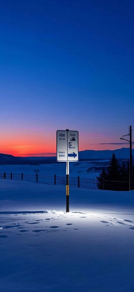 雪原路标黄昏渐变蓝紫风景手机壁纸