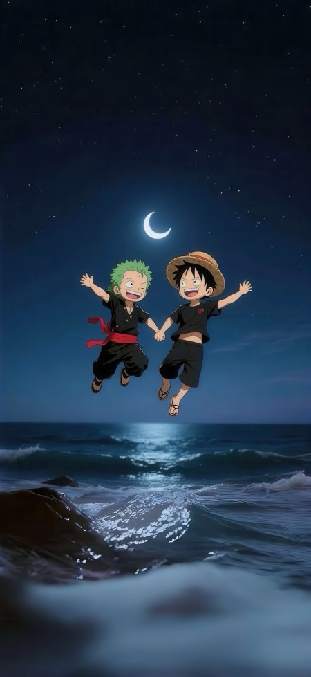 海贼王路飞索隆童年牵手跃海夜空新月蓝黑动漫手机壁纸