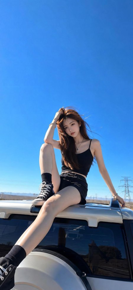 美女坐车顶黑衣短裤蓝空背景人物摄影手机壁纸