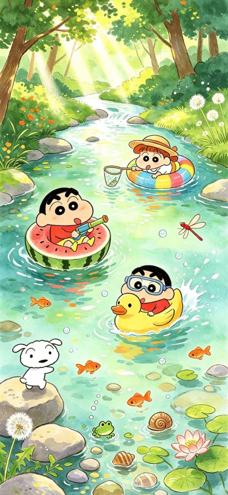 蜡笔小新野原新之助与小白溪边戏水绿意盎然动漫手机壁纸