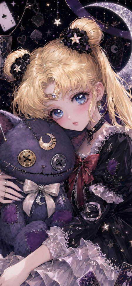 美少女战士月野兔金发双马尾抱缝线黑猫紫星夜暗黑洛丽塔动漫手机壁纸
