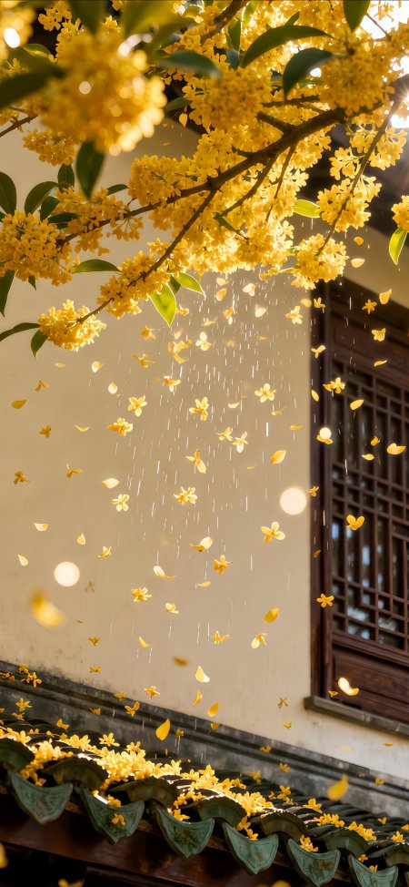 金桂飘落雨中古建屋檐暖黄花卉植物手机壁纸