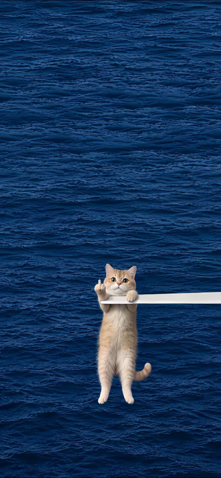 橘猫悬空举爪中指深蓝海面萌宠手机壁纸