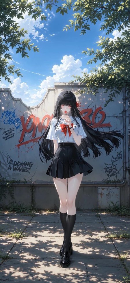 黑长直红瞳少女白衬衫黑裙手持棒棒糖蓝空绿叶涂鸦墙动漫手机壁纸