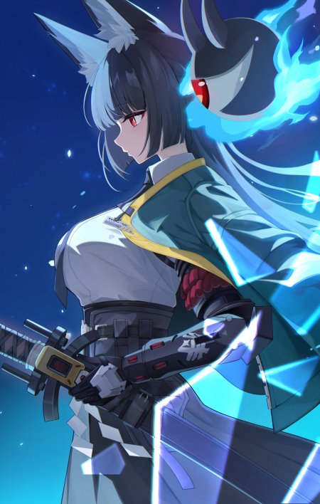 明日方舟霜星银灰狐耳少女持械蓝焰特效暗蓝动漫手机壁纸